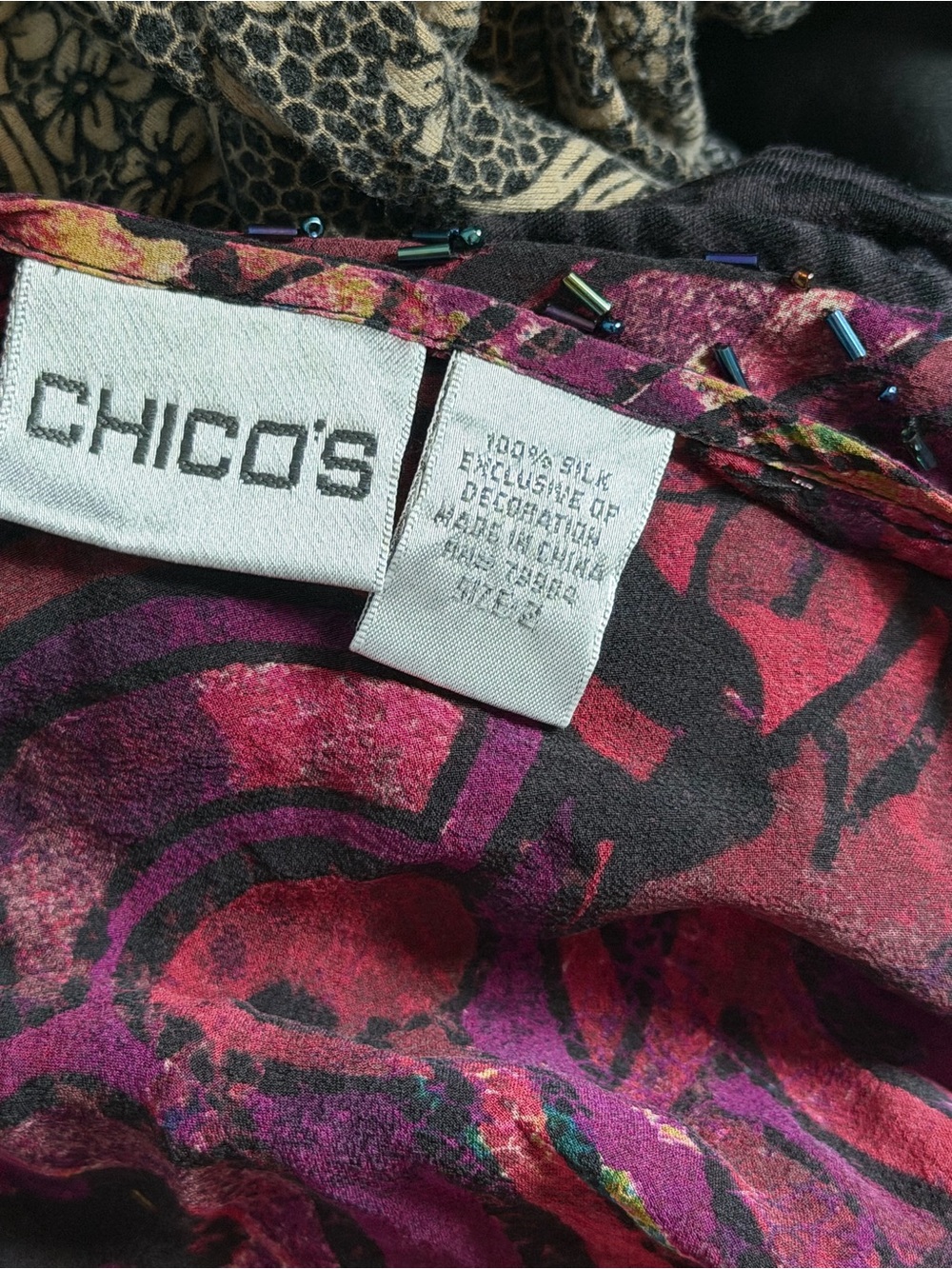 Vintage Chico’s 100% Silk Beaded Floral Tunic Top